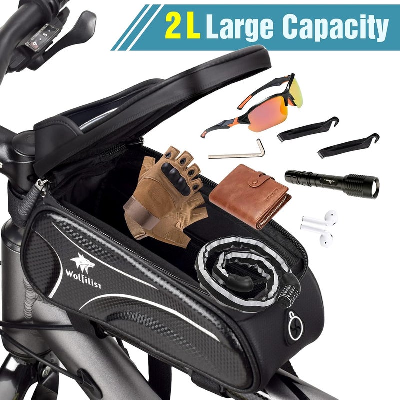 WOLFILIST Bike Bag - Waterproof Bike Frame Bag with Sun-Visor Rain Cover, Bike Phone Holder with TPU Sensitive Touch Screen, Handlebar Bag Bicycle Accessories, Large Capacity Suitable Phone Under 7" - Image 3